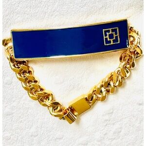Trina Turk Gold plated Chain and Blue Ceramic Signature Plate Bracelet